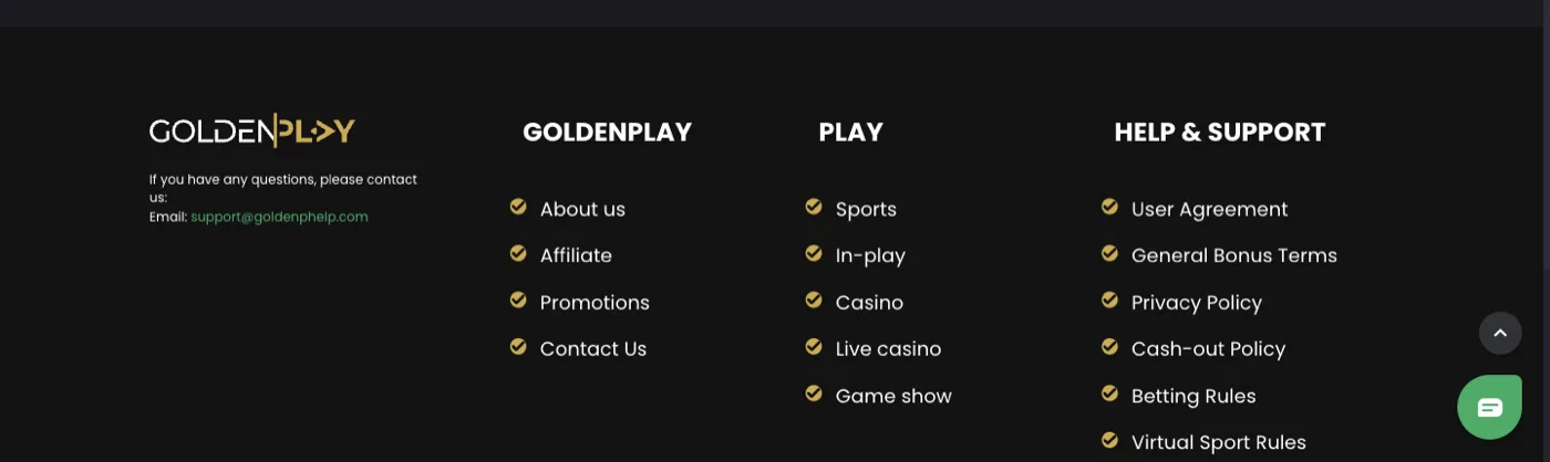GoldenPlay website footer with legal links and security badges